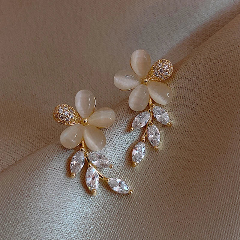 Opal and Cubic Zirconia Flower Earrings
