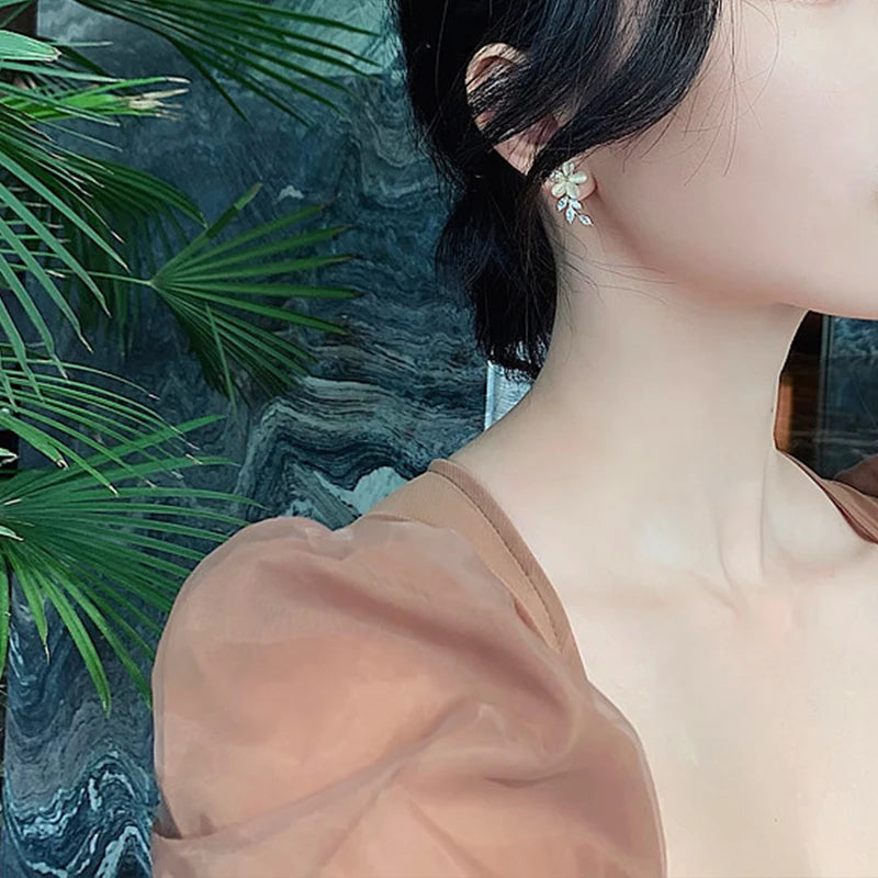 Opal and Cubic Zirconia Flower Earrings